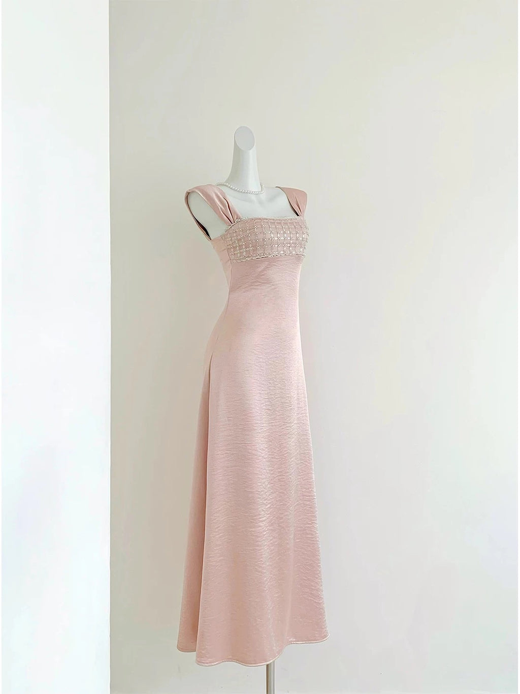 Blush Pink Satin Beaded Maxi Dress