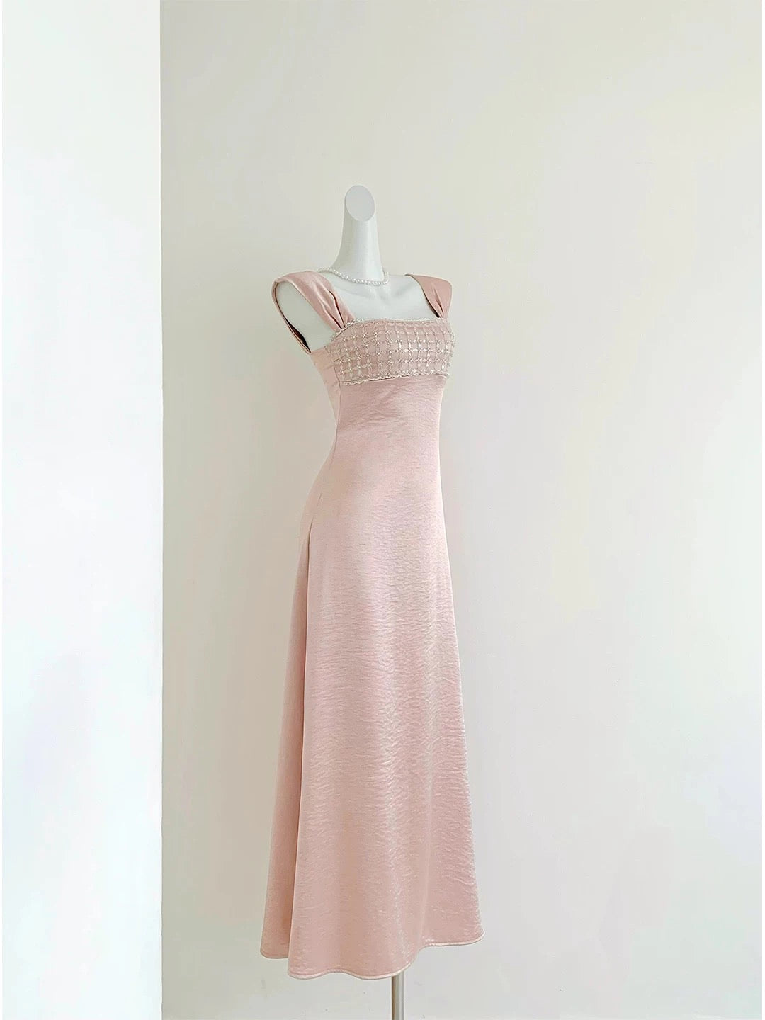 Blush Pink Satin Beaded Maxi Dress