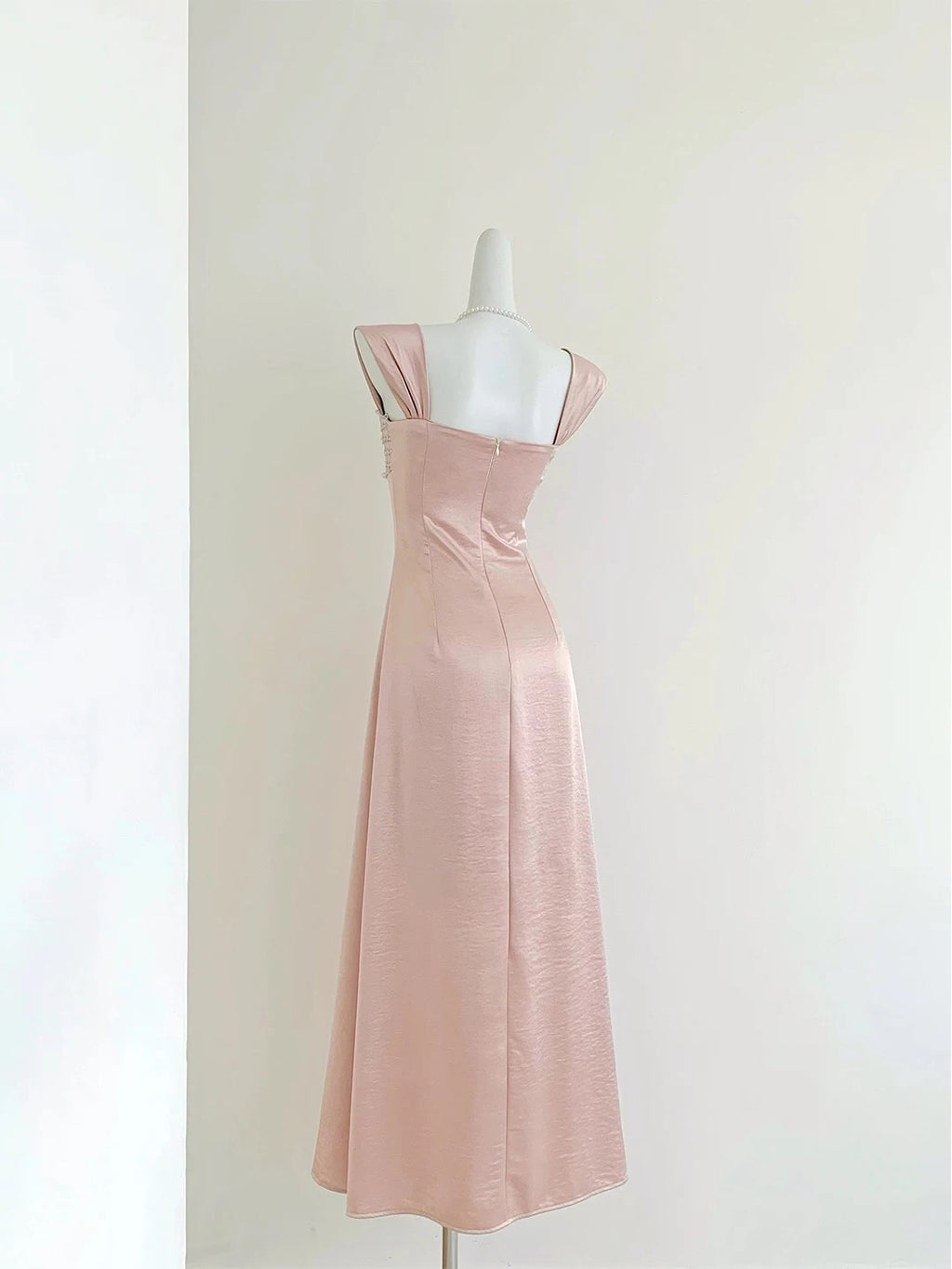Blush Pink Satin Beaded Maxi Dress