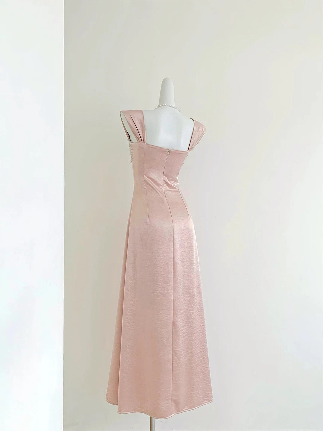 Blush Pink Satin Beaded Maxi Dress