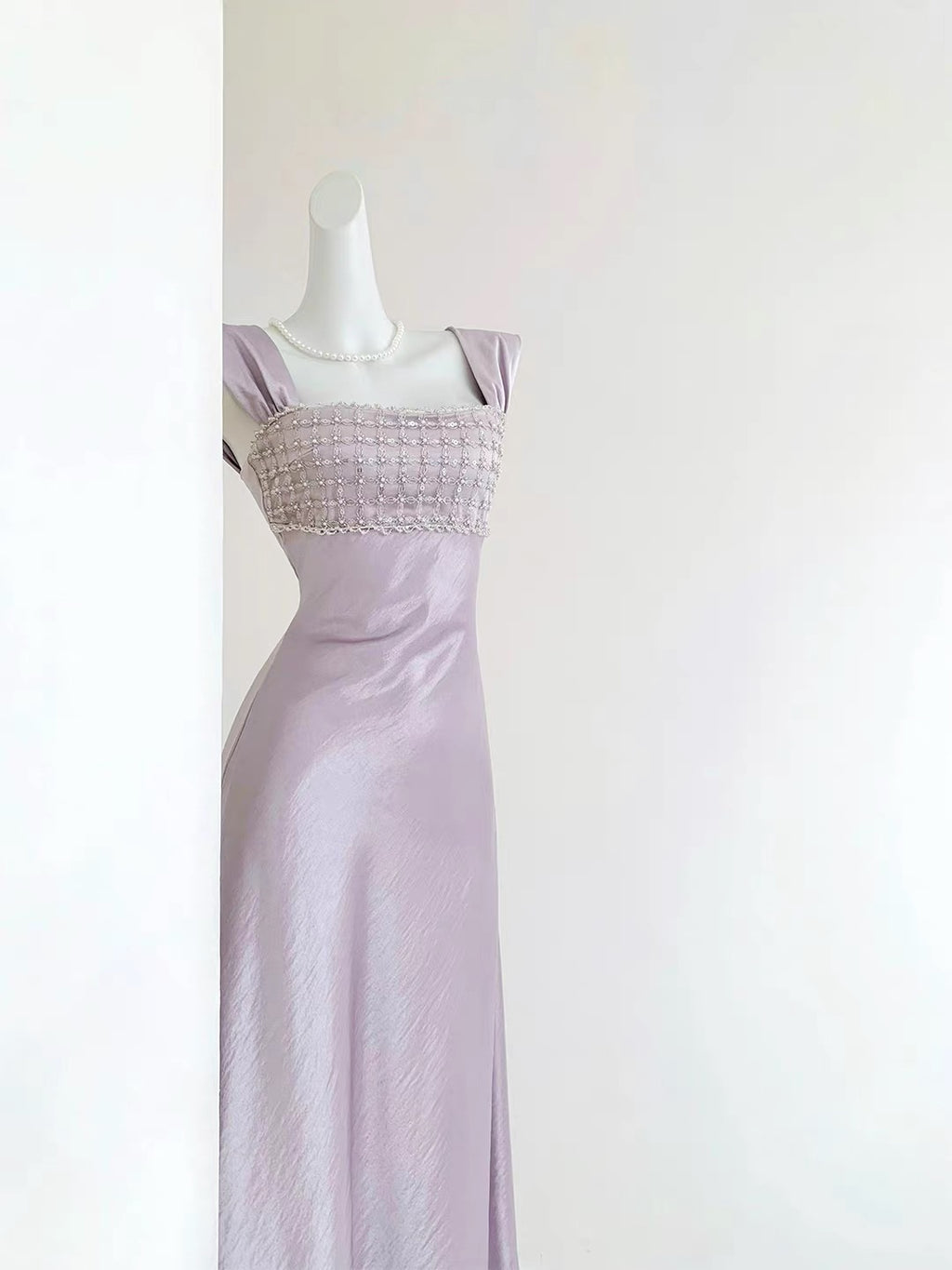 Lavender Satin Beaded Maxi Evening Gown