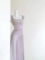 Lavender Satin Beaded Maxi Evening Gown
