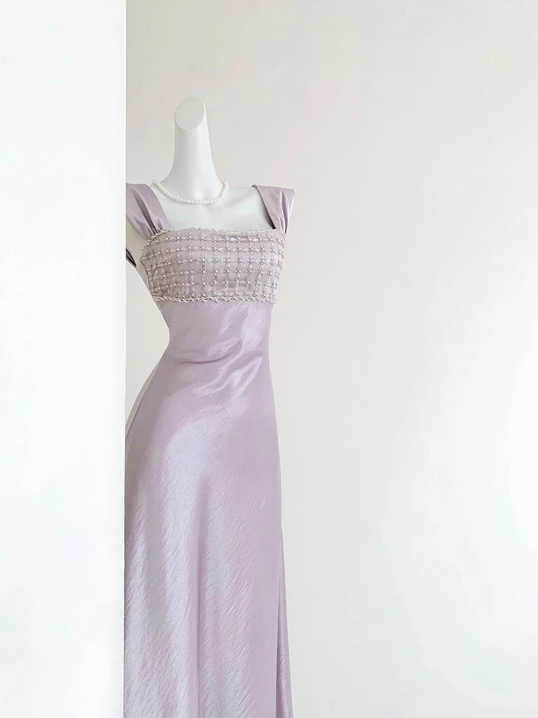 Lavender Satin Beaded Maxi Evening Gown