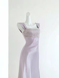 Lavender Satin Beaded Maxi Evening Gown
