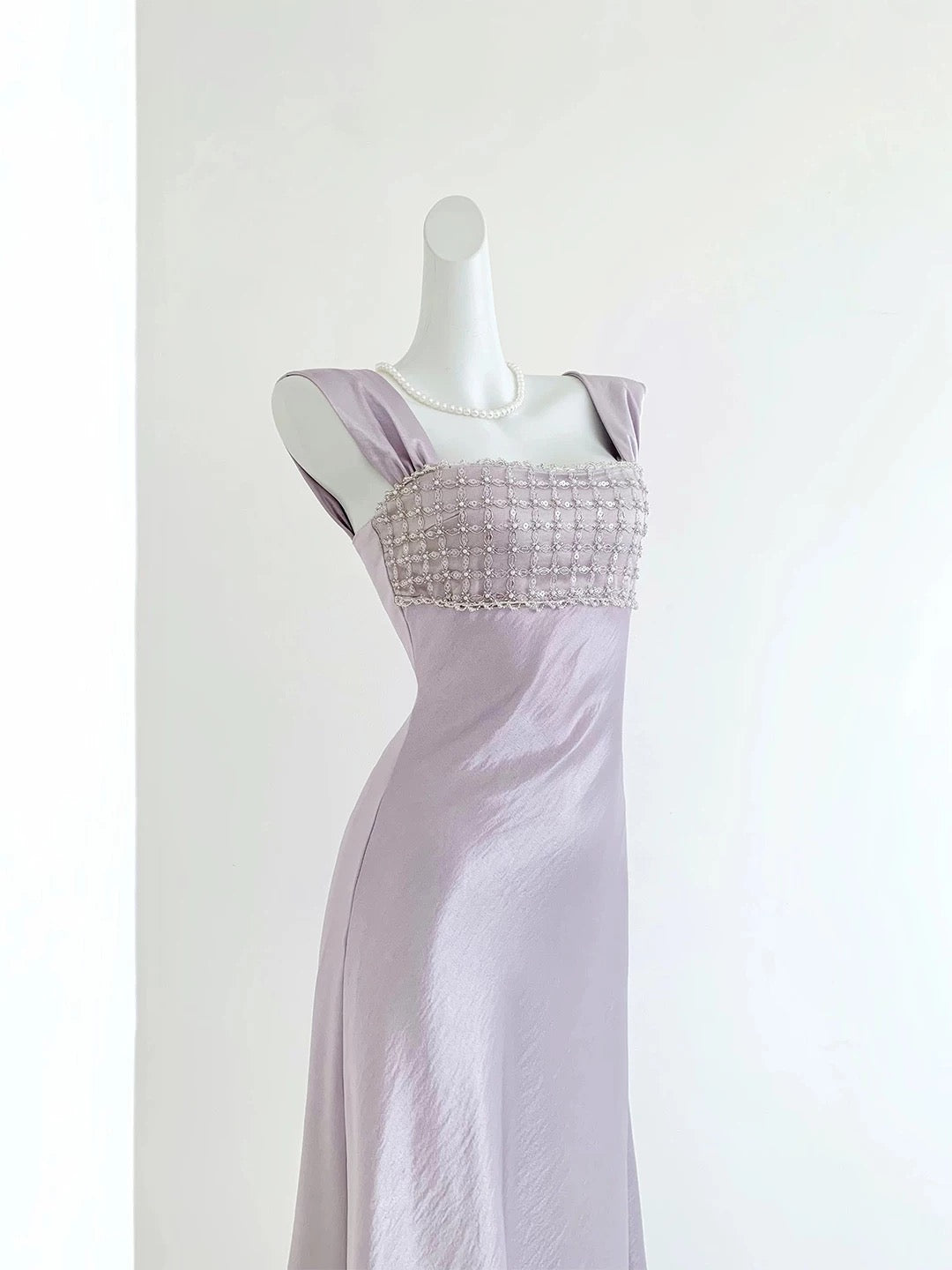 Lavender Satin Beaded Maxi Evening Gown
