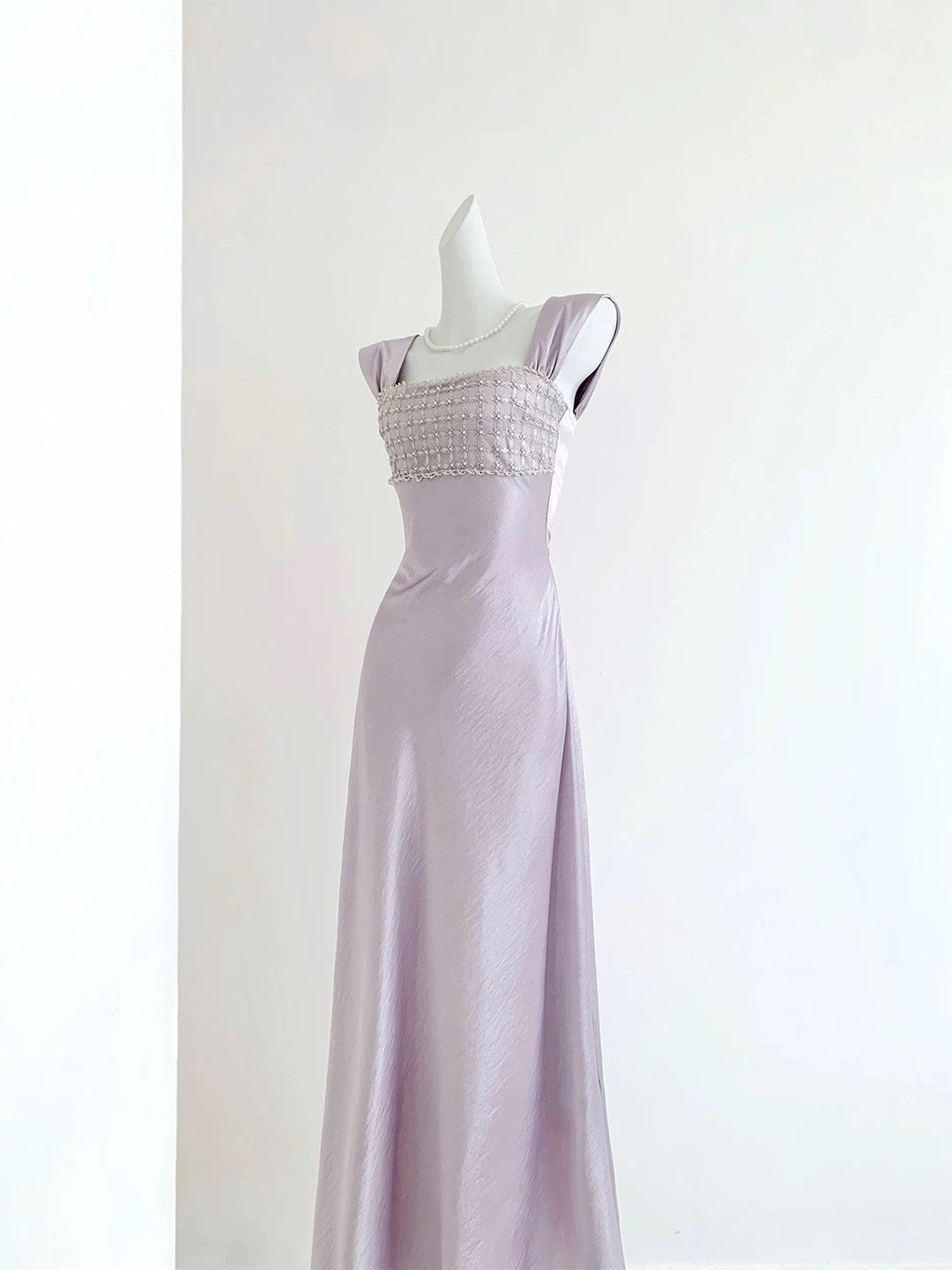 Lavender Satin Beaded Maxi Evening Gown