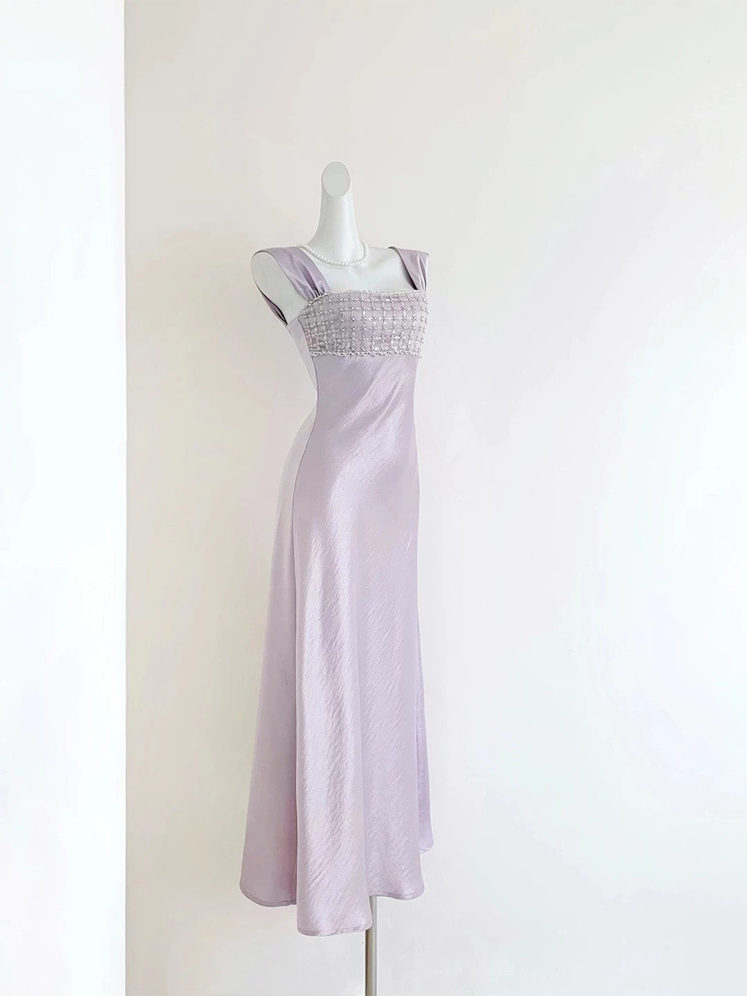 Lavender Satin Beaded Maxi Evening Gown