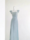 Elegant Dusty Blue Satin Maxi Evening Gown