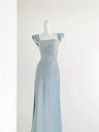 Elegant Dusty Blue Satin Maxi Evening Gown