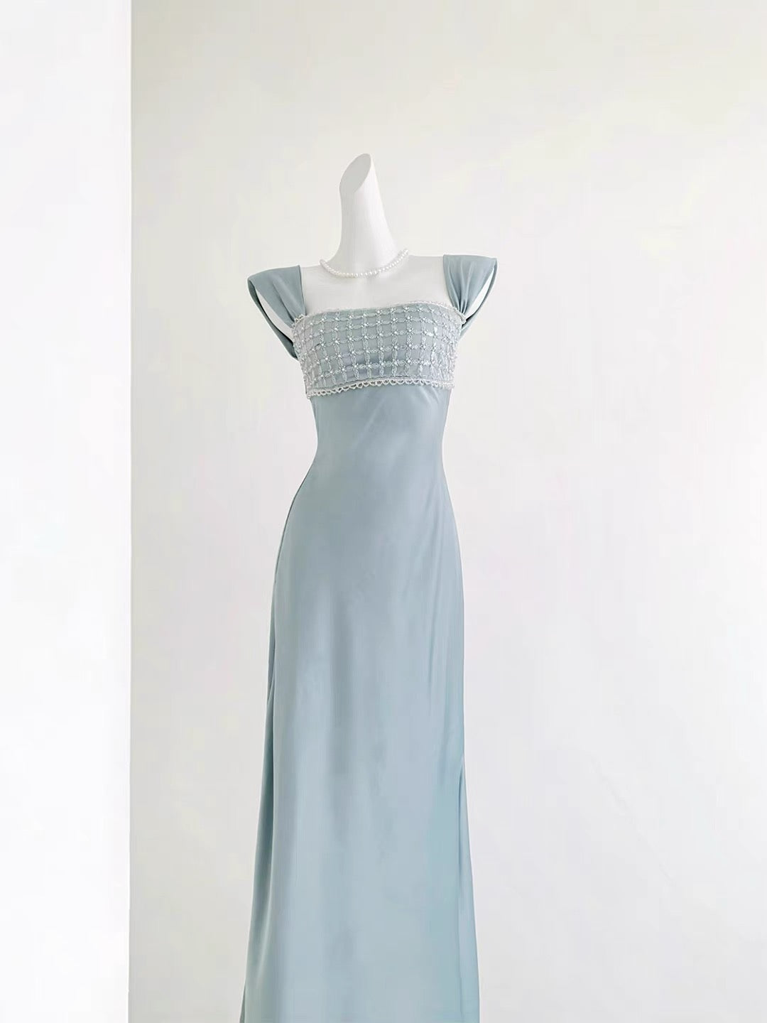 Elegant Dusty Blue Satin Maxi Evening Gown