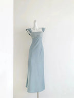 Elegant Dusty Blue Satin Maxi Evening Gown