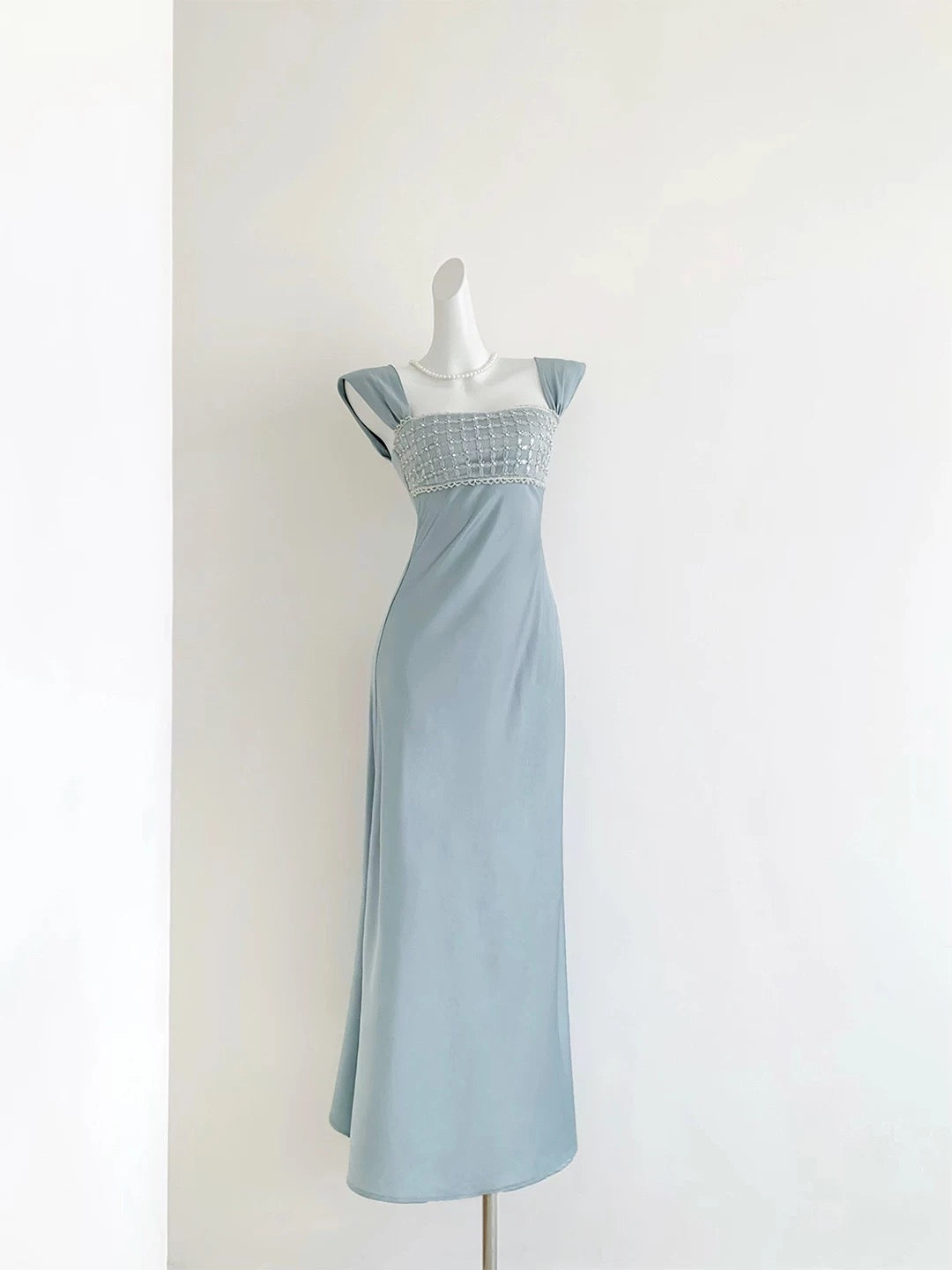 Elegant Dusty Blue Satin Maxi Evening Gown