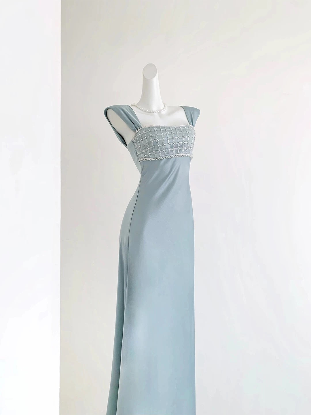 Elegant Dusty Blue Satin Maxi Evening Gown