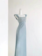 Elegant Dusty Blue Satin Maxi Evening Gown