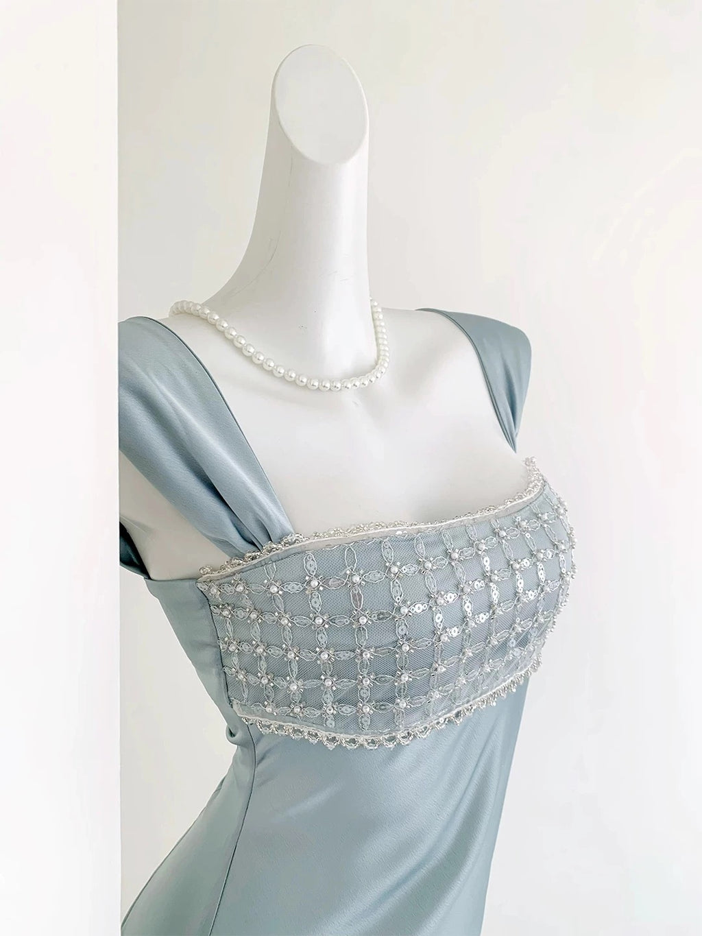 Elegant Dusty Blue Satin Maxi Evening Gown