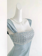 Elegant Dusty Blue Satin Maxi Evening Gown