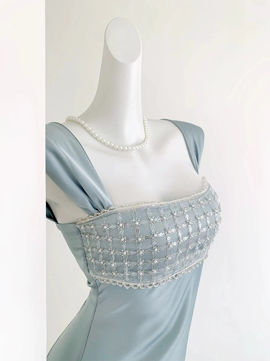 Elegant Dusty Blue Satin Maxi Evening Gown
