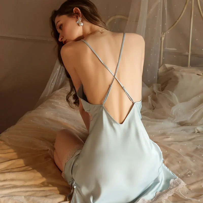 Lace Straps Silk Satin Nightgown