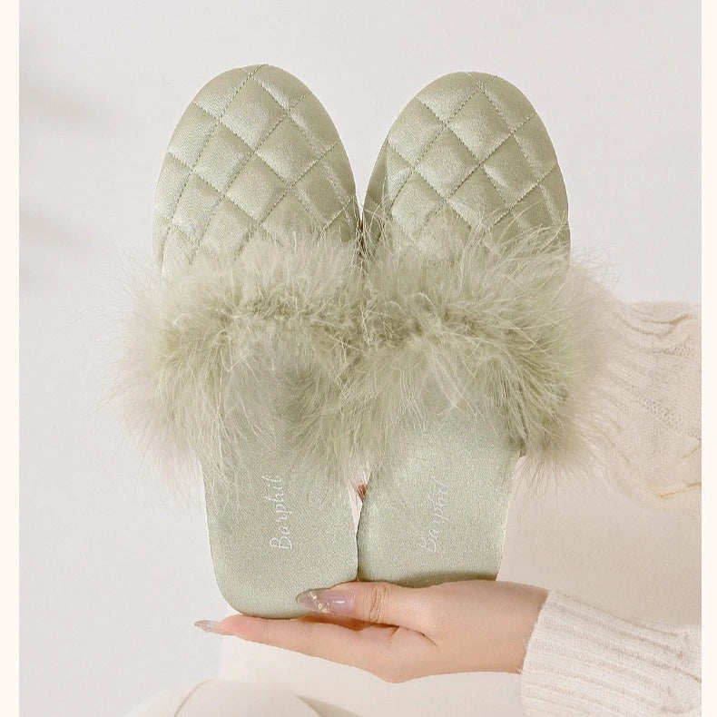 Feather Satin Home Slippers