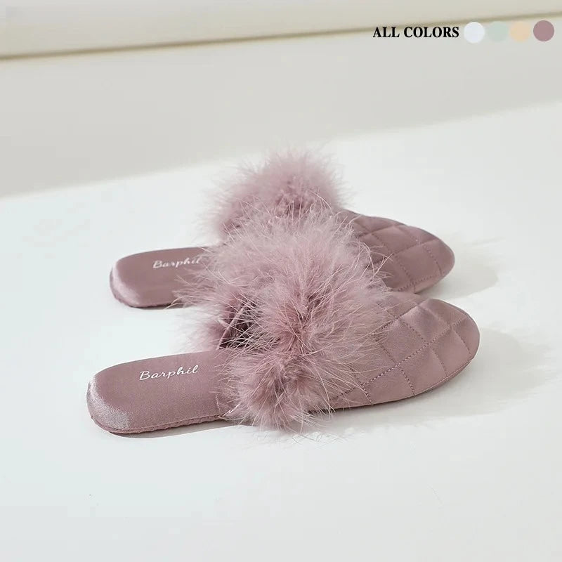 Feather Satin Home Slippers