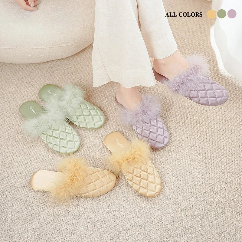 Feather Satin Home Slippers