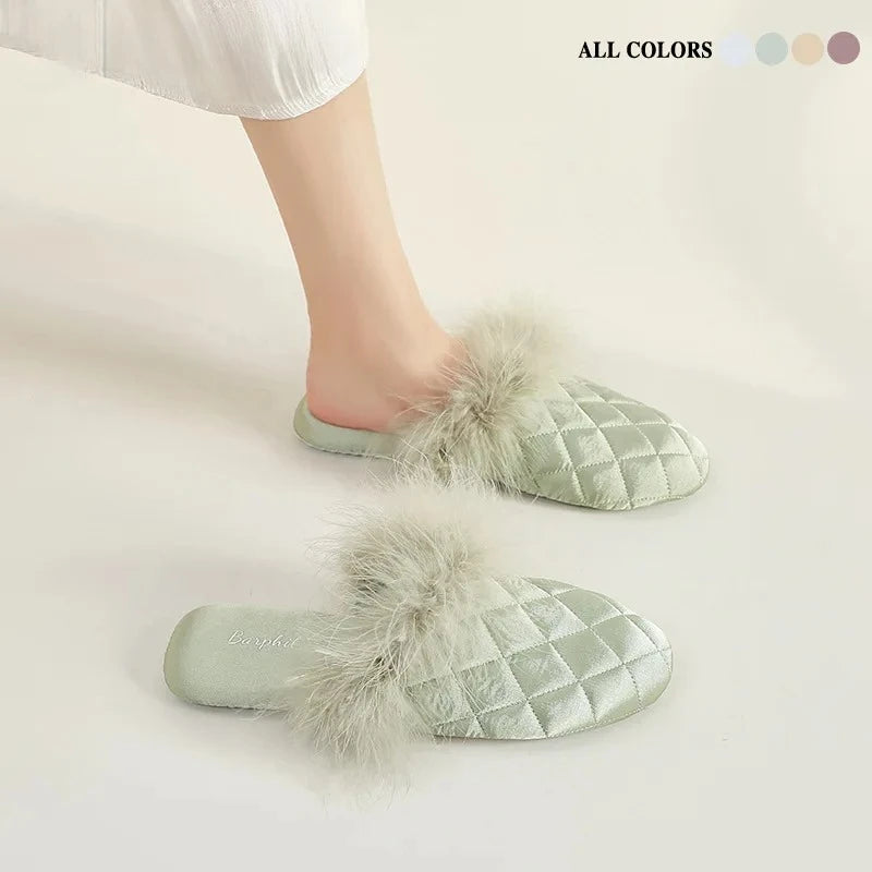 Feather Satin Home Slippers