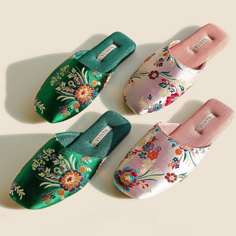 Satin Embroidered Flower House Slippers
