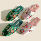 Satin Embroidered Flower House Slippers