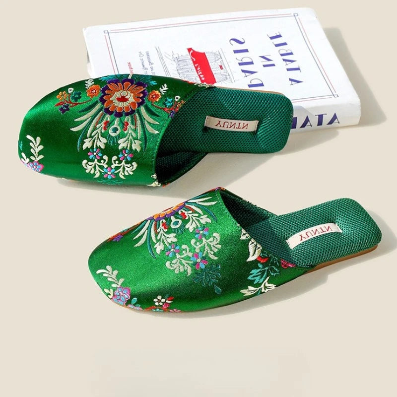 Satin Embroidered Flower House Slippers