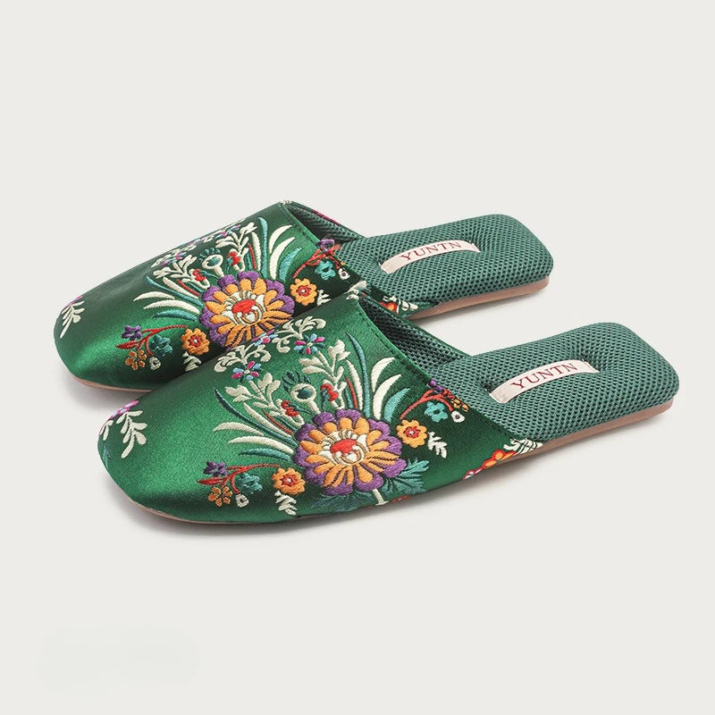 Satin Embroidered Flower House Slippers