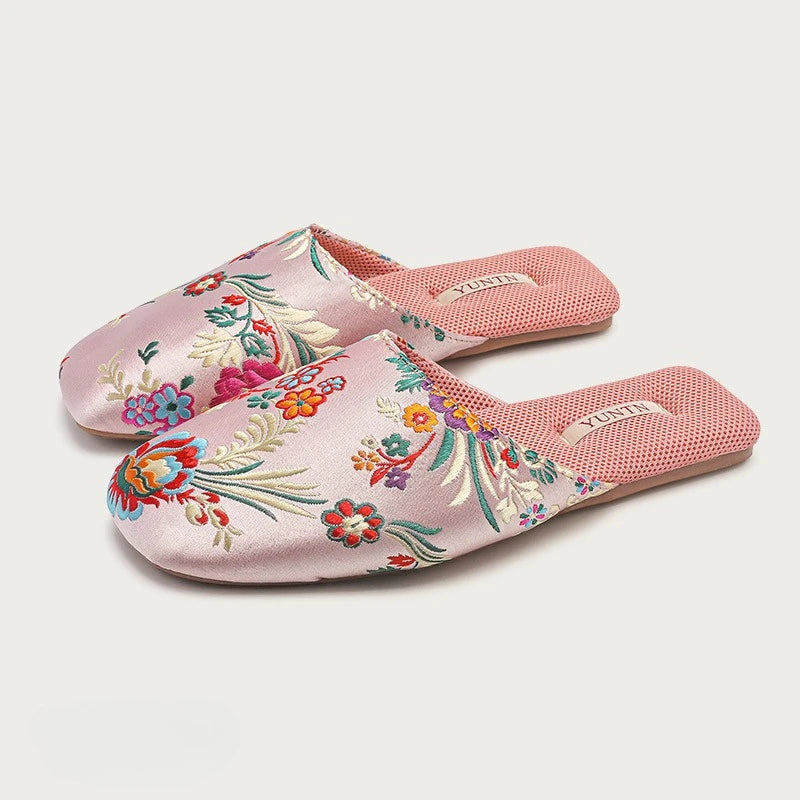 Satin Embroidered Flower House Slippers