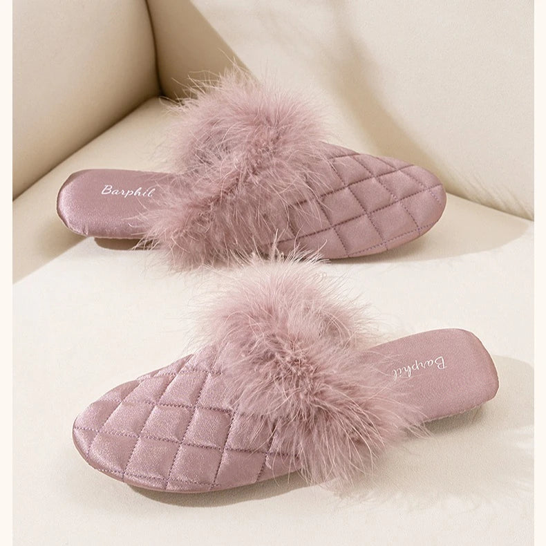 Feather Satin Home Slippers