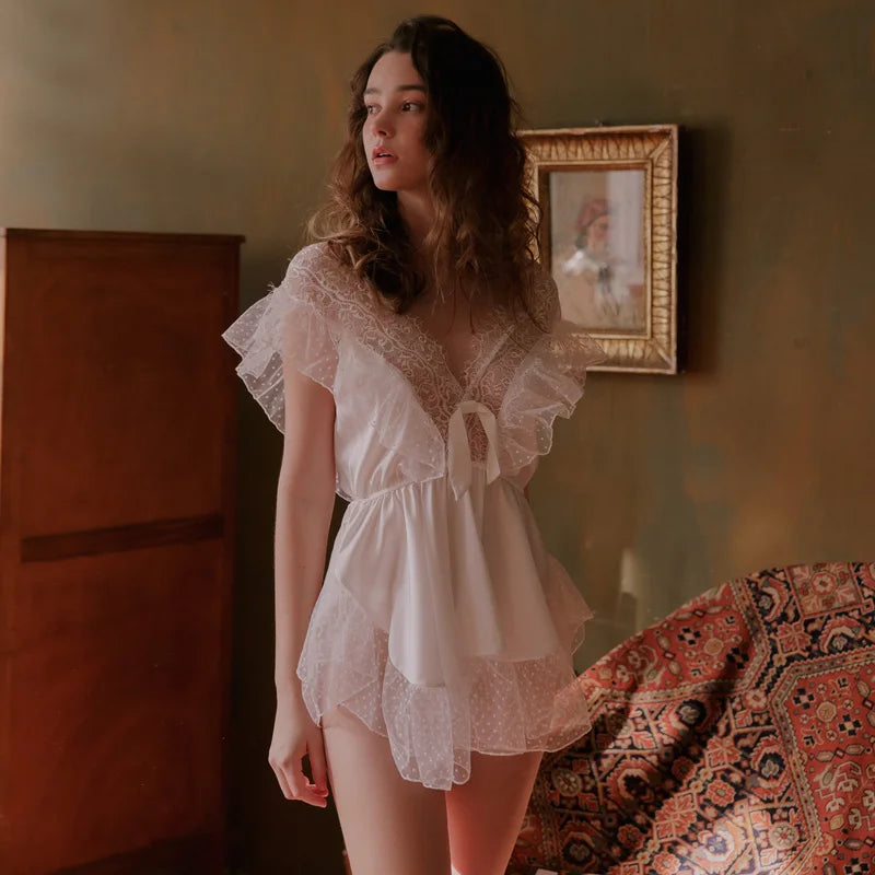 French V-neck Lace Hollow Sexy Sleeping Bodysuit